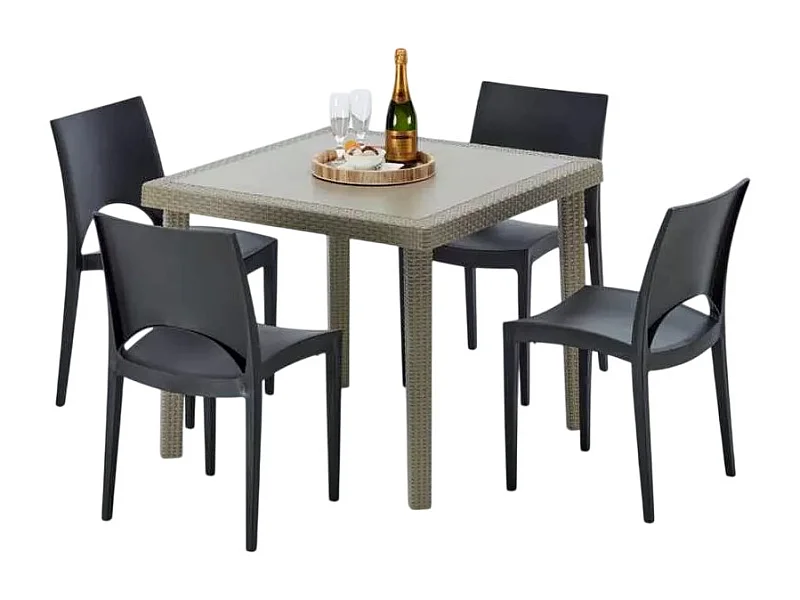 Polyrattan Tisch Quadratisch mit 4 Bunten Stühlen 90x90 Beige Elegance