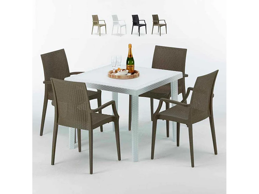 Weiß Quadratisch Tisch und 4 Stühle Farbiges Polypropylen-Außenmastenset Grand Soleil Arm Bistrot Love - Braun