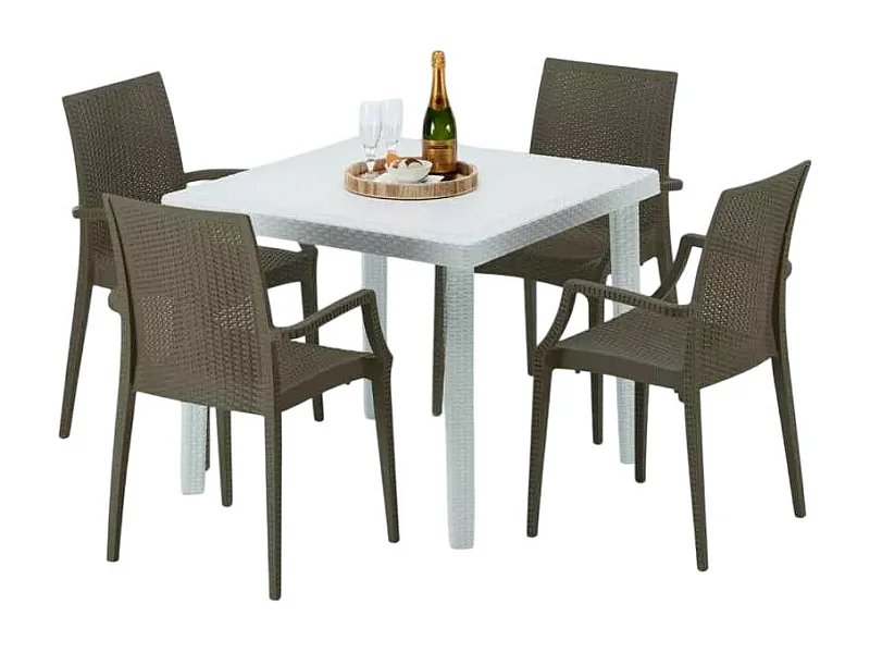 Weiß Quadratisch Tisch und 4 Stühle Farbiges Polypropylen-Außenmastenset Grand Soleil Arm Bistrot Love - Braun