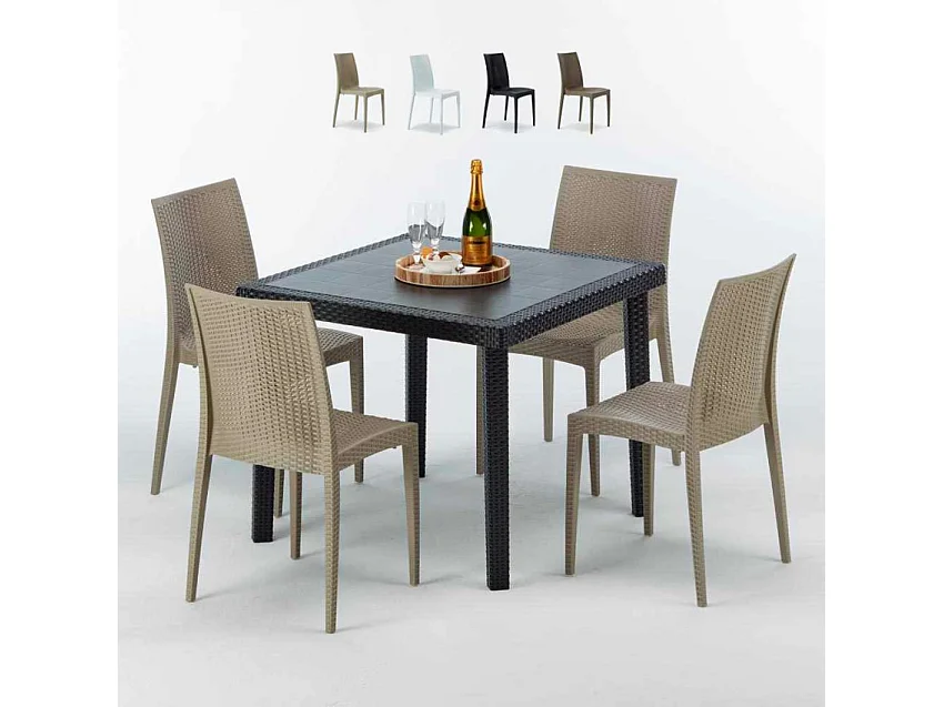 Schwarz Quadratisch Tisch und 4 Stühle Farbiges Polypropylen-Außenmastenset Grand Soleil Bistrot Passion - Beige