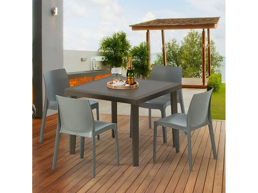 Poly Rattan Tisch Quadratisch mit 4 Bunten Stühlen 90x90 Braun Brown Passion