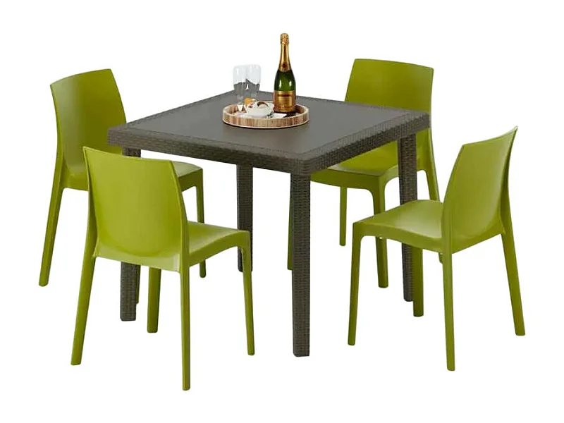 Poly Rattan Tisch Quadratisch mit 4 Bunten Stühlen 90x90 Braun Brown Passion