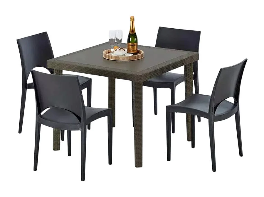 Poly Rattan Tisch Quadratisch mit 4 Bunten Stühlen 90x90 Braun Brown Passion