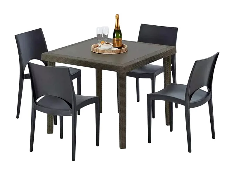 Poly Rattan Tisch Quadratisch mit 4 Bunten Stühlen 90x90 Braun Brown Passion