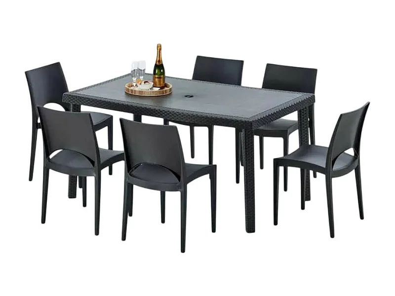 Poly Rattan Tisch Rechteckig mit 6 Bunten Polyrattan Stühlen 150x90 Schwarz