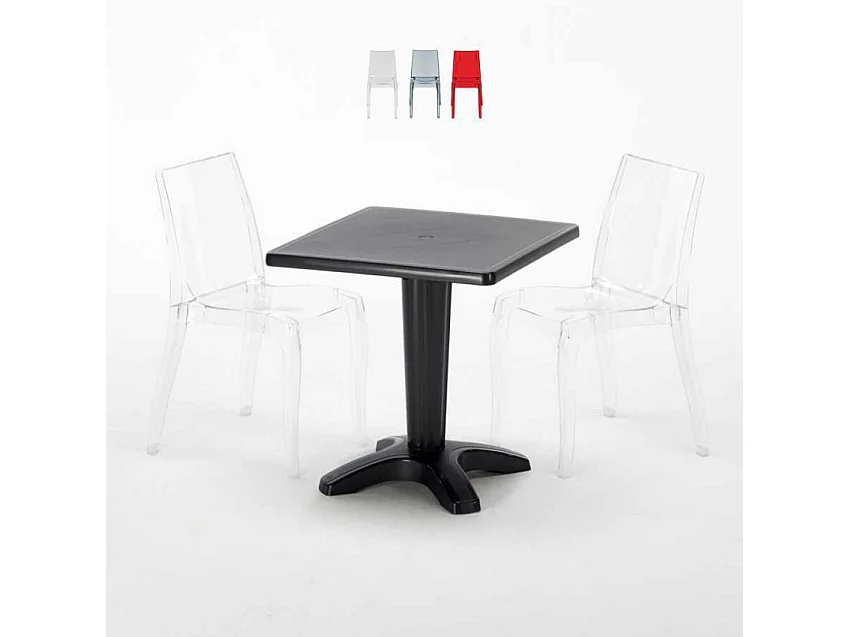 Schwarz Quadratisch Tisch und 2 Stühle Farbiges Polypropylen-Innenmastenset Grand Soleil Cristal Light Balcony - Transparent