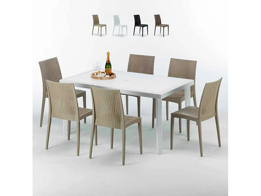 Set tavolo rettangolare bianco 150x90cm 6 sedie esterno Zombie