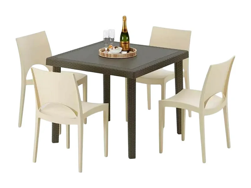 Poly Rattan Tisch Quadratisch mit 4 Bunten Stühlen 90x90 Braun Brown Passion