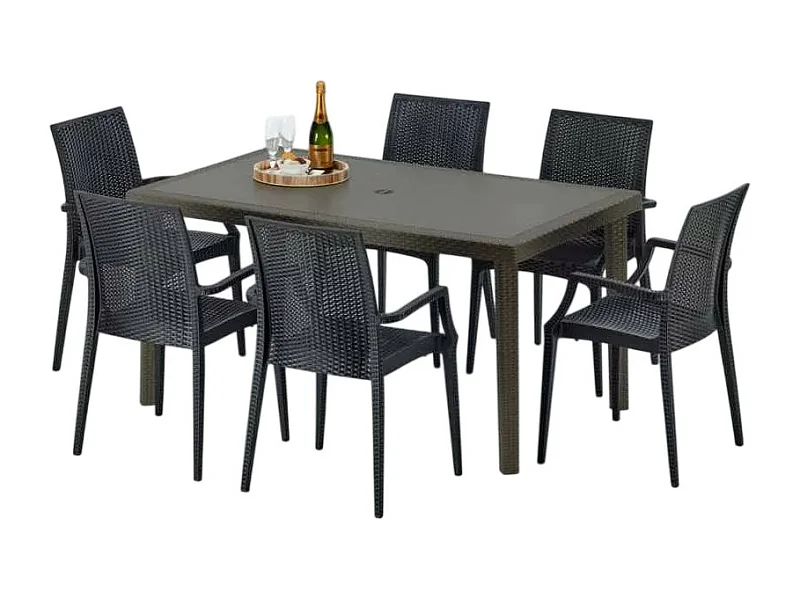 Polyrattan Tisch Rechteckig mit 6 Bunten Stühlen 150x90 Braun Focus