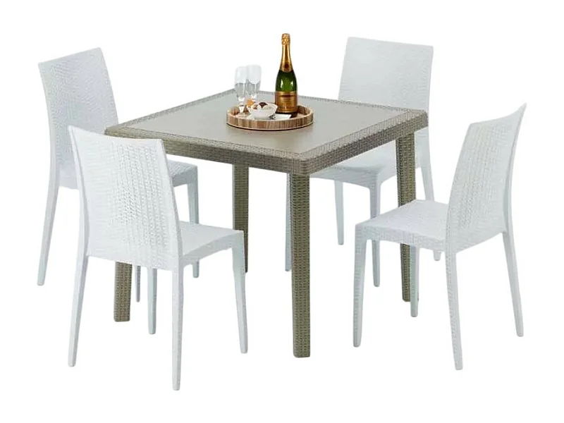Polyrattan Tisch Quadratisch mit 4 Bunten Stühlen 90x90 Beige Elegance