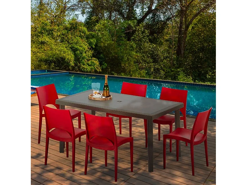 Polyrattan Tisch Rechteckig mit 6 Bunten Stühlen 150x90 Braun Focus