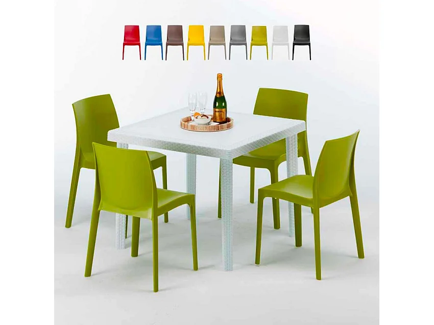 Weiß Quadratisch Tisch und 4 Stühle Farbiges Polypropylen-Außenmastenset Grand Soleil Rome Love - Grün Anis