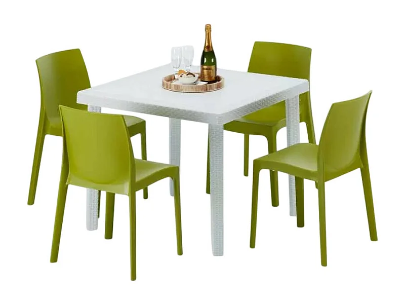 Weiß Quadratisch Tisch und 4 Stühle Farbiges Polypropylen-Außenmastenset Grand Soleil Rome Love - Grün Anis