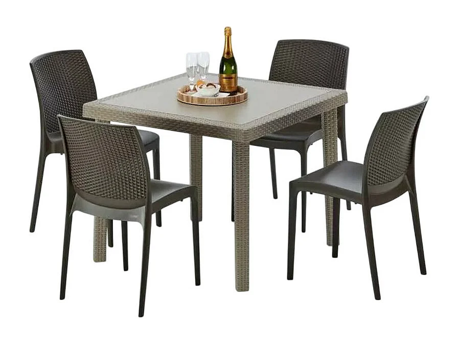 Polyrattan Tisch Quadratisch mit 4 Bunten Stühlen 90x90 Beige Elegance