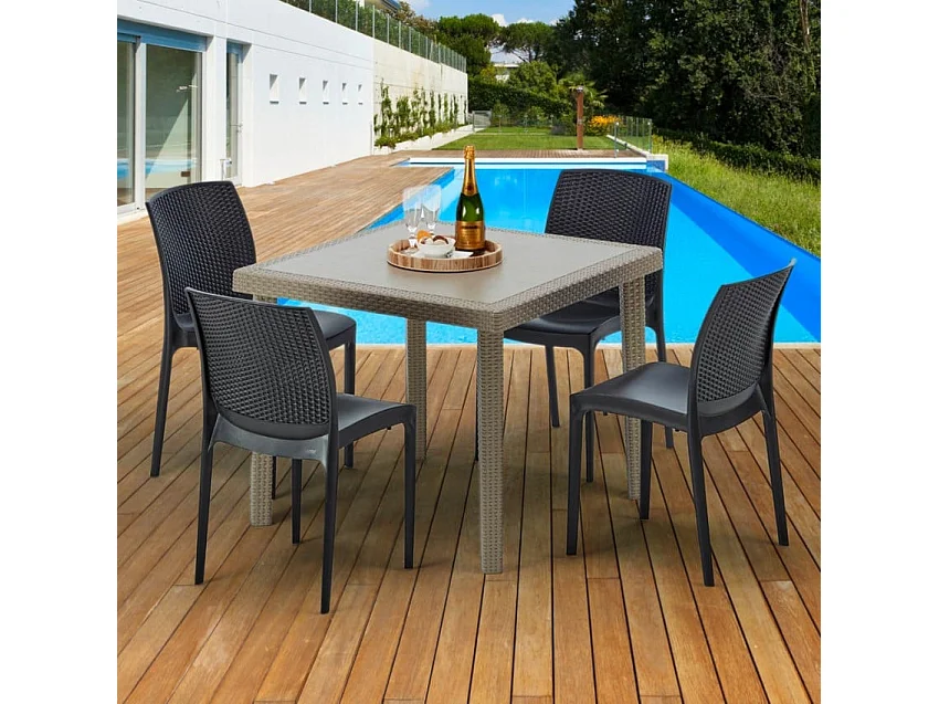 Polyrattan Tisch Quadratisch mit 4 Bunten Stühlen 90x90 Beige Elegance