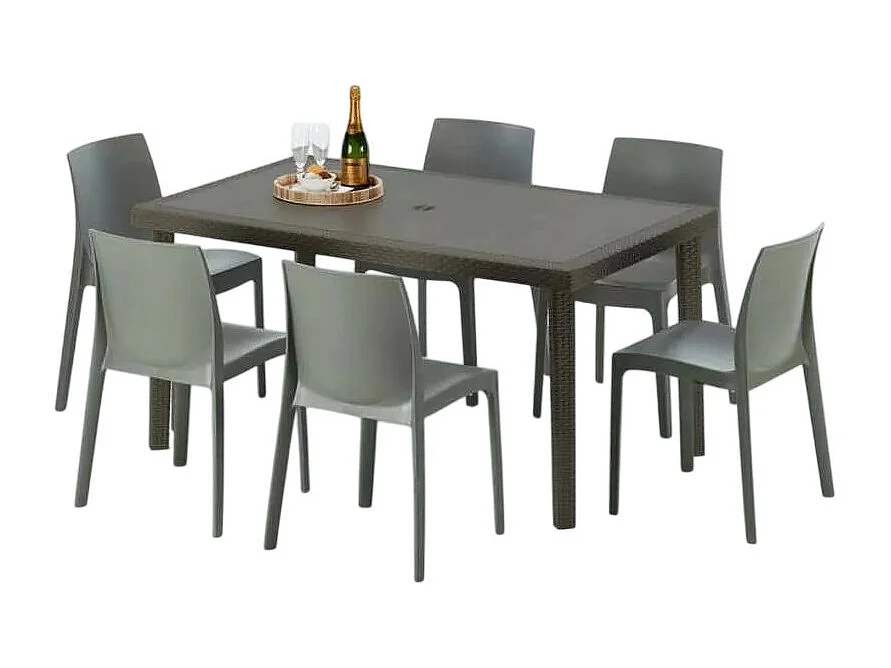 Polyrattan Tisch Rechteckig mit 6 Bunten Stühlen 150x90 Braun Focus