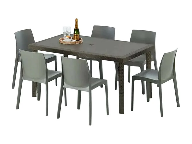Polyrattan Tisch Rechteckig mit 6 Bunten Stühlen 150x90 Braun Focus