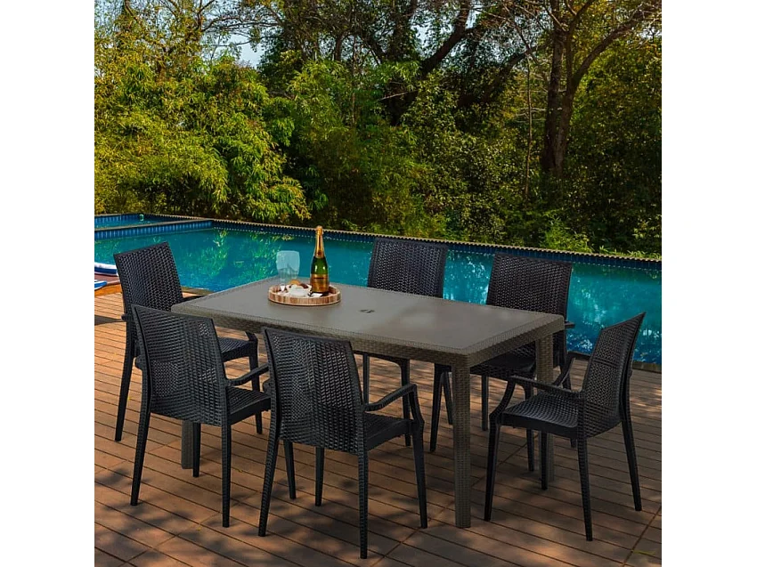 Ensemble table rectangulaire 6 chaises polyrattan 150x90 White Russian