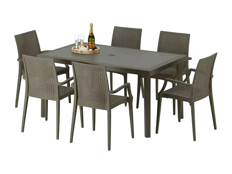 Polyrattan Tisch Rechteckig mit 6 Bunten Stühlen 150x90 Braun Focus