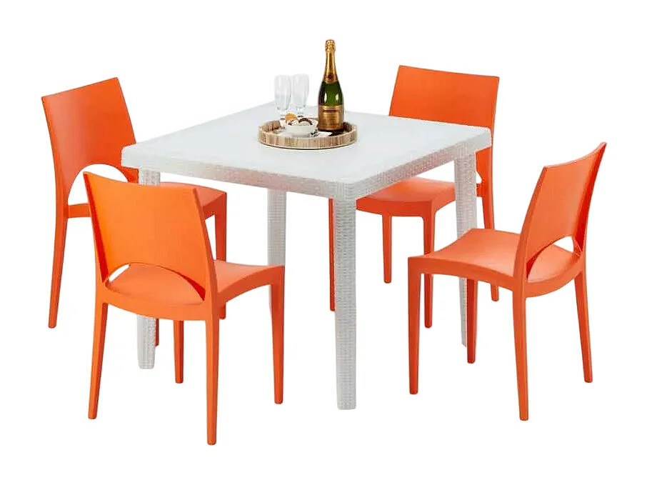 Weiß Quadratisch Tisch und 4 Stühle Farbiges Polypropylen-Außenmastenset Grand Soleil Paris Love - Orange