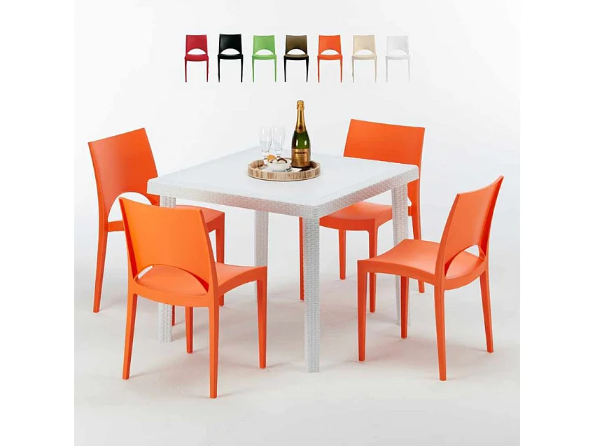 Weiß Quadratisch Tisch und 4 Stühle Farbiges Polypropylen-Außenmastenset Grand Soleil Paris Love - Orange