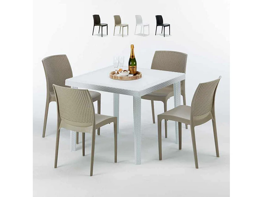 Weiß Quadratisch Tisch und 4 Stühle Farbiges Polypropylen-Außenmastenset Grand Soleil Boheme Love - Beige