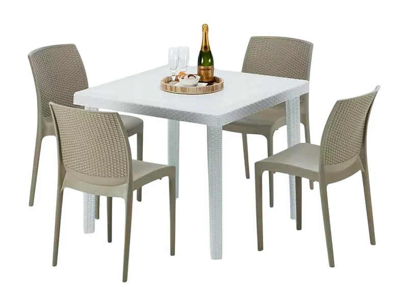 Weiß Quadratisch Tisch und 4 Stühle Farbiges Polypropylen-Außenmastenset Grand Soleil Boheme Love - Beige
