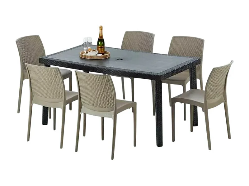 Poly Rattan Tisch Rechteckig mit 6 Bunten Polyrattan Stühlen 150x90 Schwarz
