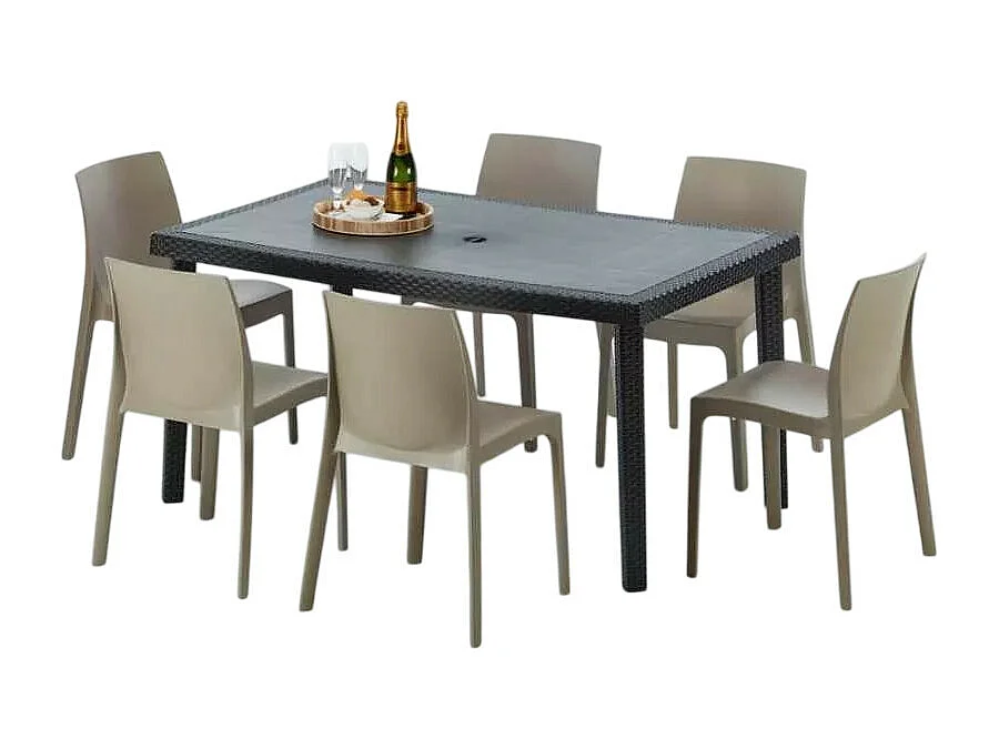 Poly Rattan Tisch Rechteckig mit 6 Bunten Polyrattan Stühlen 150x90 Schwarz