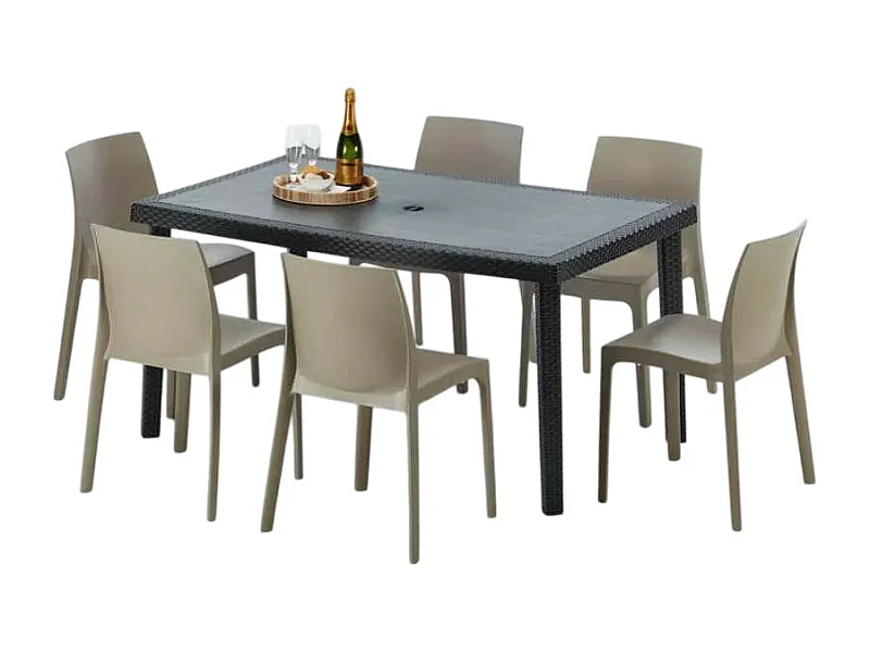 Poly Rattan Tisch Rechteckig mit 6 Bunten Polyrattan Stühlen 150x90 Schwarz