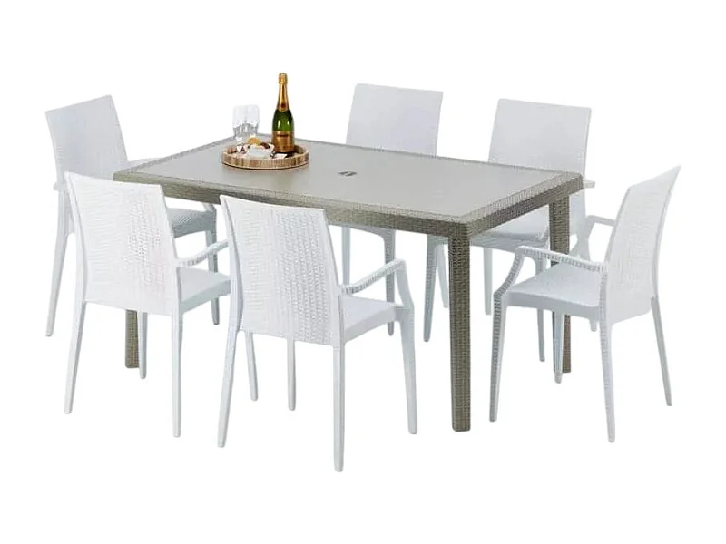 Polyrattan Tisch Rechteckig mit 6 Bunten Stühlen 150x90 Beige Marion
