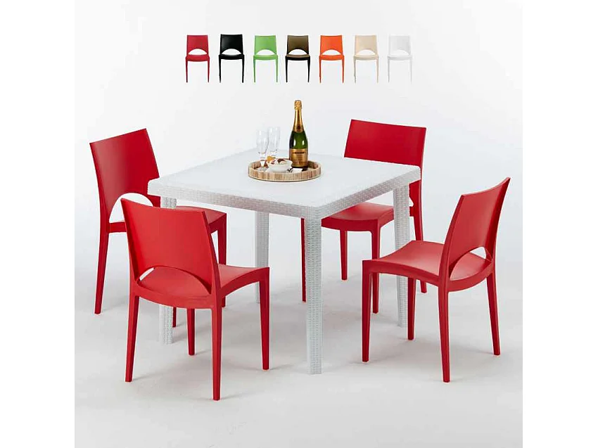 Weiß Quadratisch Tisch und 4 Stühle Farbiges Polypropylen-Außenmastenset Grand Soleil Paris Love - Rot
