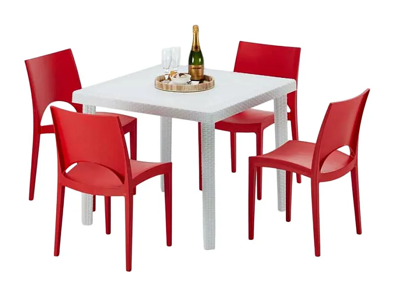 Weiß Quadratisch Tisch und 4 Stühle Farbiges Polypropylen-Außenmastenset Grand Soleil Paris Love - Rot
