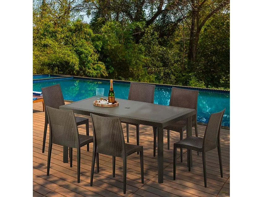 Polyrattan Tisch Rechteckig mit 6 Bunten Stühlen 150x90 Braun Focus