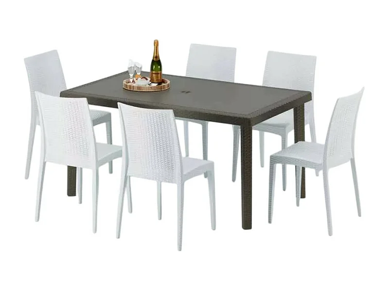 Polyrattan Tisch Rechteckig mit 6 Bunten Stühlen 150x90 Braun Focus