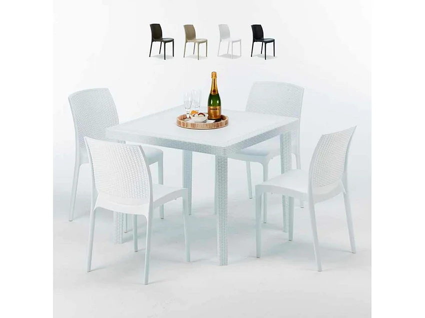 Weiß Quadratisch Tisch und 4 Stühle Farbiges Polypropylen-Außenmastenset Grand Soleil Boheme Love - Weiß