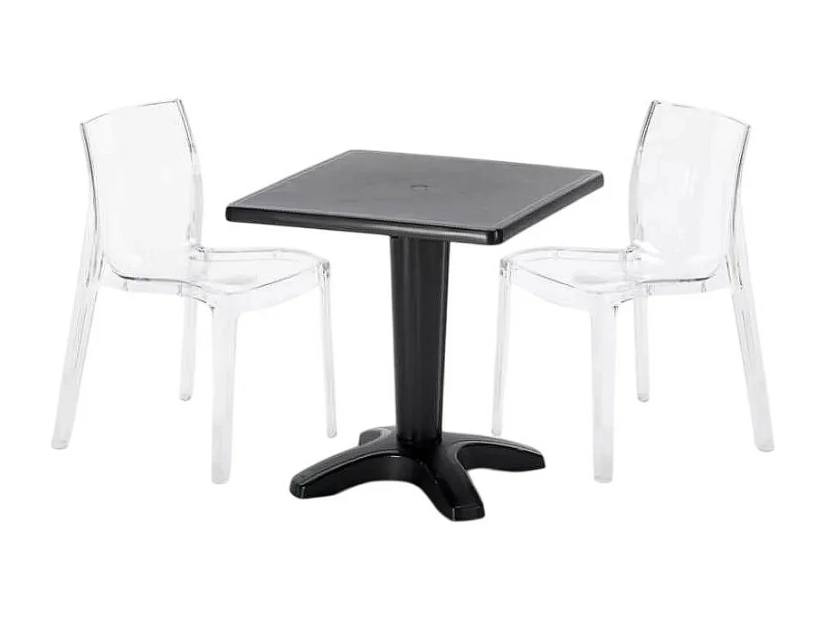 Tisch Quadratisch mit 2 Bunten Polycarbonat Outdoor Stühlen Grand Soleil Cafè