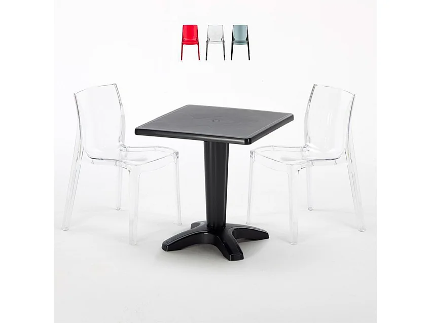 Tisch Quadratisch mit 2 Bunten Polycarbonat Outdoor Stühlen Grand Soleil Cafè