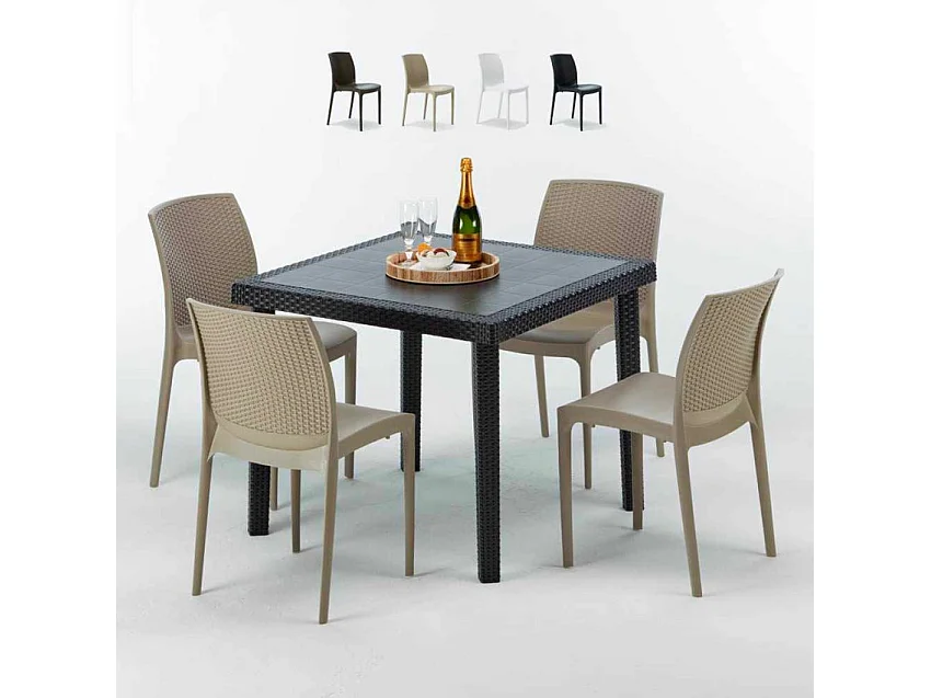 Schwarz Quadratisch Tisch und 4 Stühle Farbiges Polypropylen-Außenmastenset Grand Soleil Boheme Passion - Beige