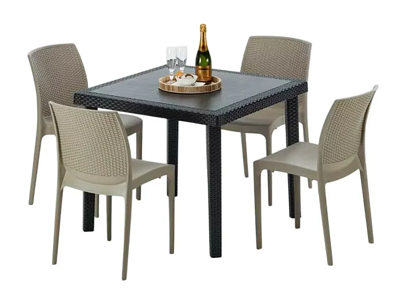 Schwarz Quadratisch Tisch und 4 Stühle Farbiges Polypropylen-Außenmastenset Grand Soleil Boheme Passion - Beige