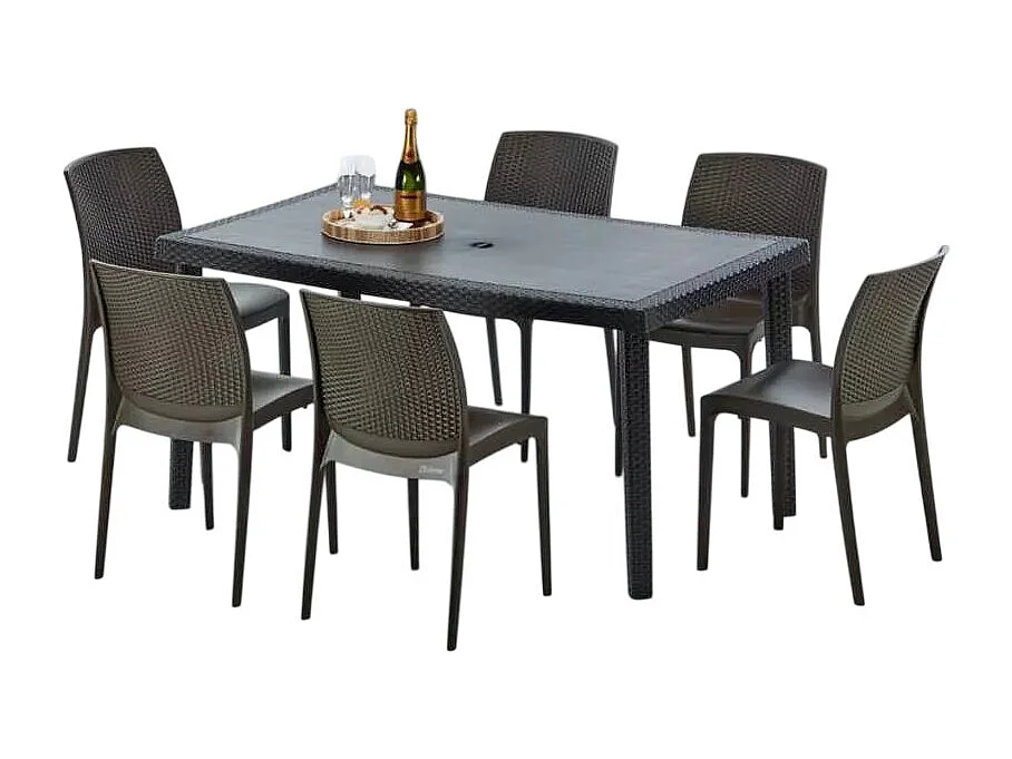 Poly Rattan Tisch Rechteckig mit 6 Bunten Polyrattan Stühlen 150x90 Schwarz