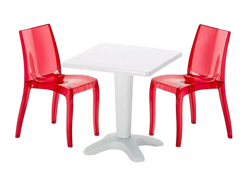 Weiß Quadratisch Tisch und 2 Stühle Farbiges Polypropylen-Innenmastenset Grand Soleil Cristal Light Terrace - Transparent Rot