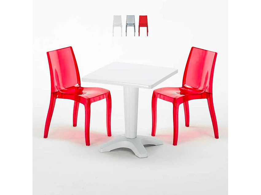 Weiß Quadratisch Tisch und 2 Stühle Farbiges Polypropylen-Innenmastenset Grand Soleil Cristal Light Terrace - Transparent Rot