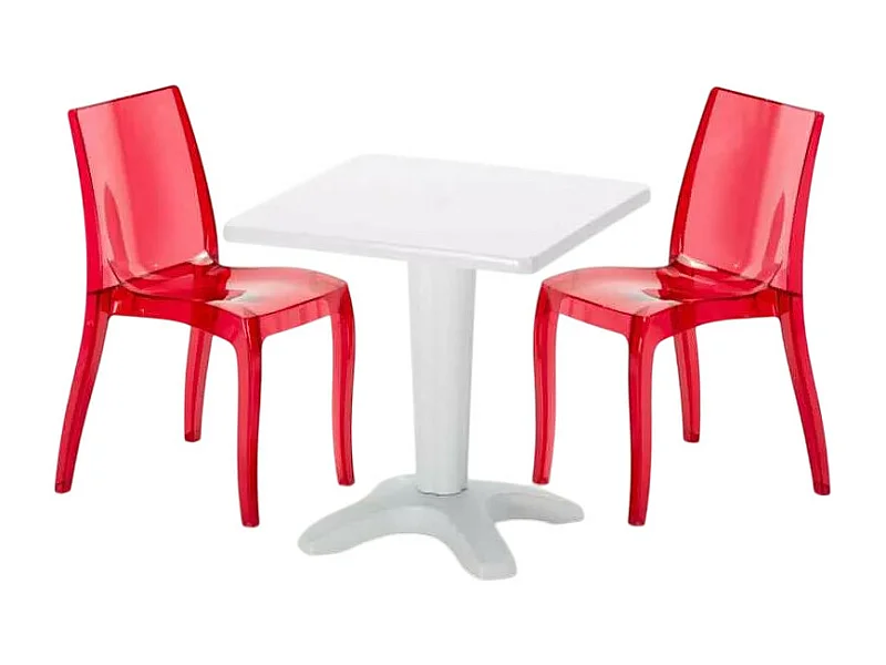 Weiß Quadratisch Tisch und 2 Stühle Farbiges Polypropylen-Innenmastenset Grand Soleil Cristal Light Terrace - Transparent Rot