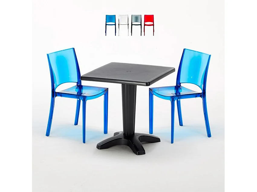 Tisch Quadratisch mit 2 Bunten Polycarbonat Outdoor Stühlen Grand Soleil Cafè