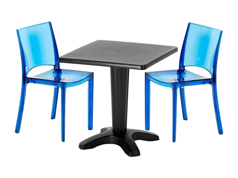 Tisch Quadratisch mit 2 Bunten Polycarbonat Outdoor Stühlen Grand Soleil Cafè