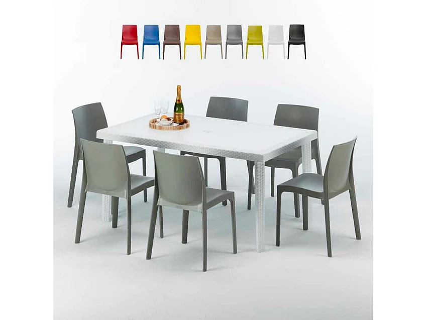 Weiß Rechteckig Tisch und 6 Stühle Farbiges Polypropylen-Außenmastenset Grand Soleil Rome Summerlife - Grau