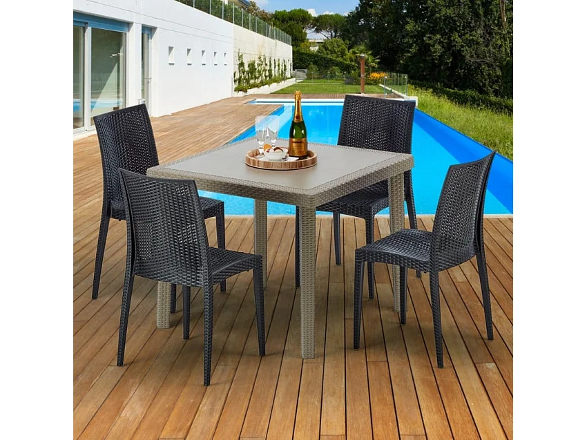 Ensemble table carrée beige + 4 chaises colorées polirattan Margarita