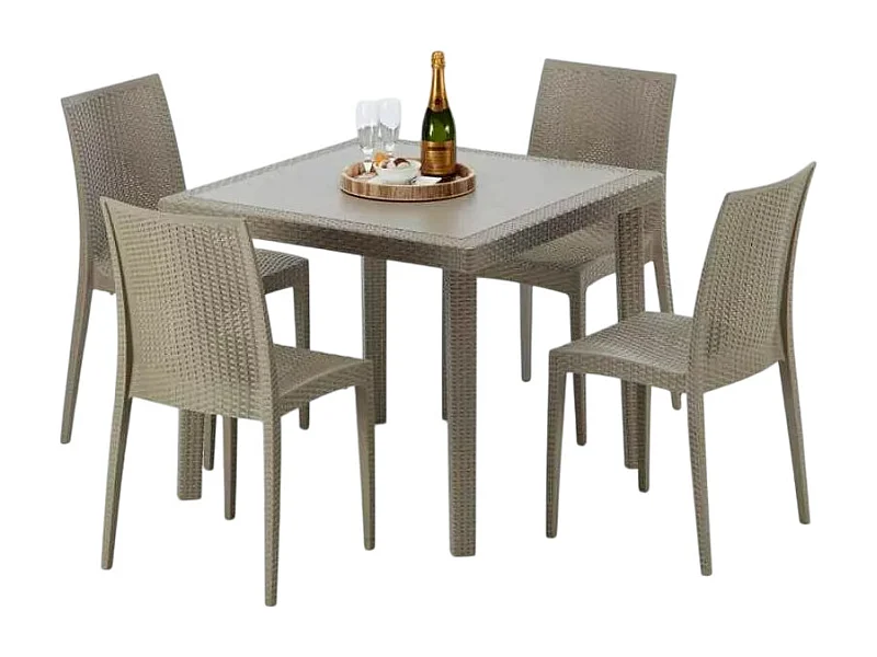 Polyrattan Tisch Quadratisch mit 4 Bunten Stühlen 90x90 Beige Elegance
