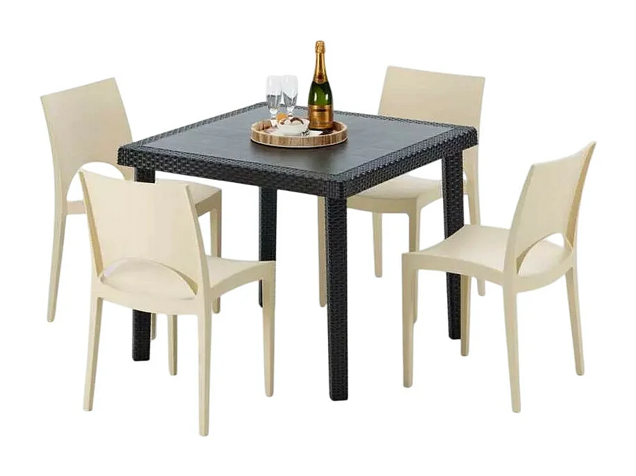 Schwarz Quadratisch Tisch und 4 Stühle Farbiges Polypropylen-Außenmastenset Grand Soleil Paris Passion - Beige